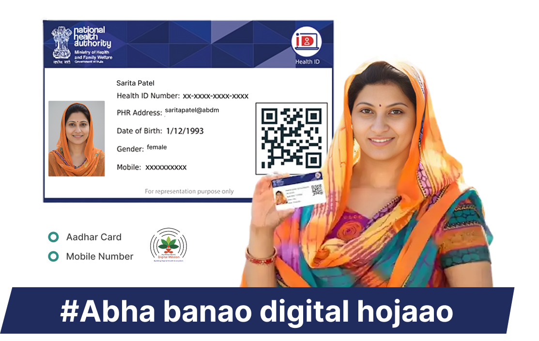 An ABHA (Ayushman Bharat Health Account) digital health ID card held by a patient
