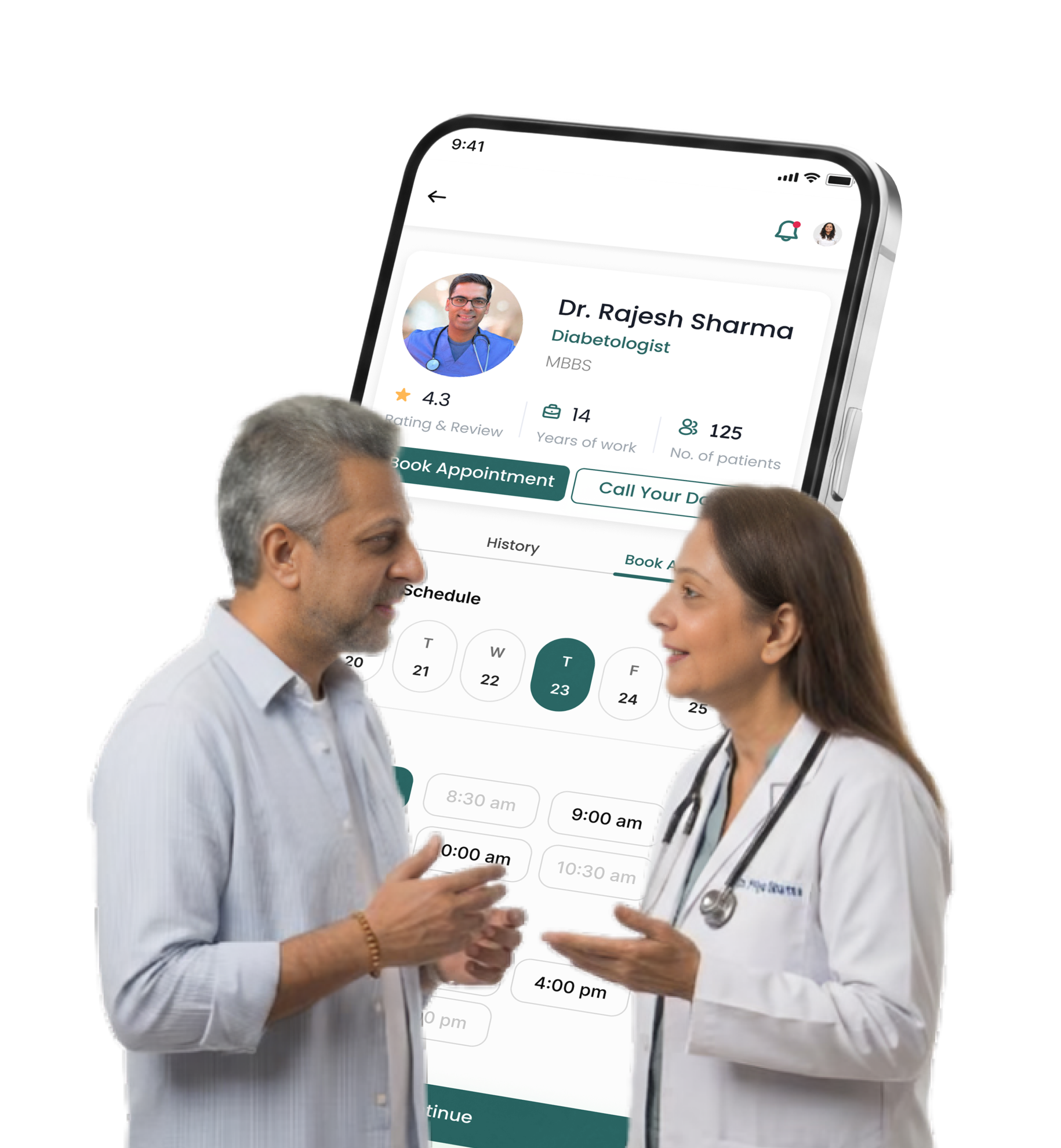 A patient and doctor talking, with the HealthSaarthi Book Appointment screen showing Dr. Rajesh Sharma's profile and available time slots