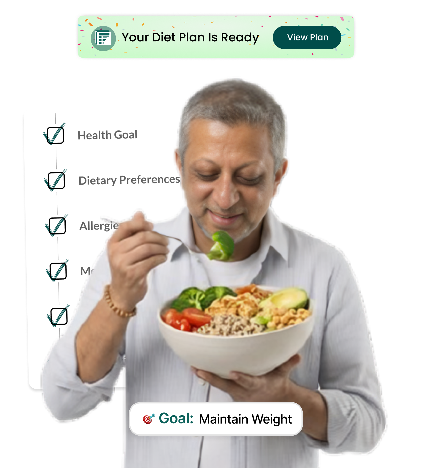 A patient eating a healthy balanced meal, with the HealthSaarthi diet-plan intake checklist and a 'Your Diet Plan Is Ready' notification