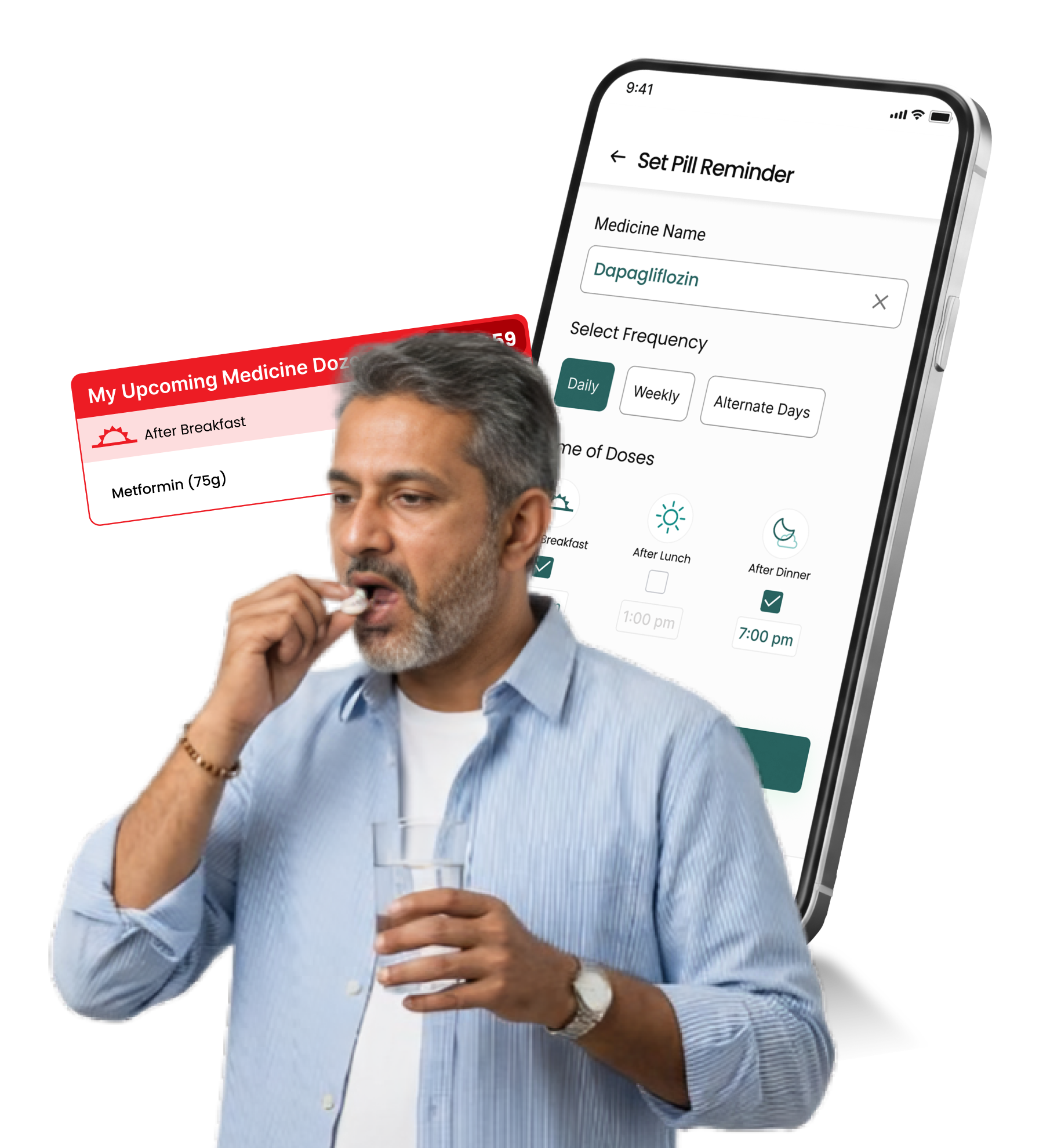 A patient taking his medication with a glass of water, beside the HealthSaarthi Set Pill Reminder screen and an upcoming-dose notification