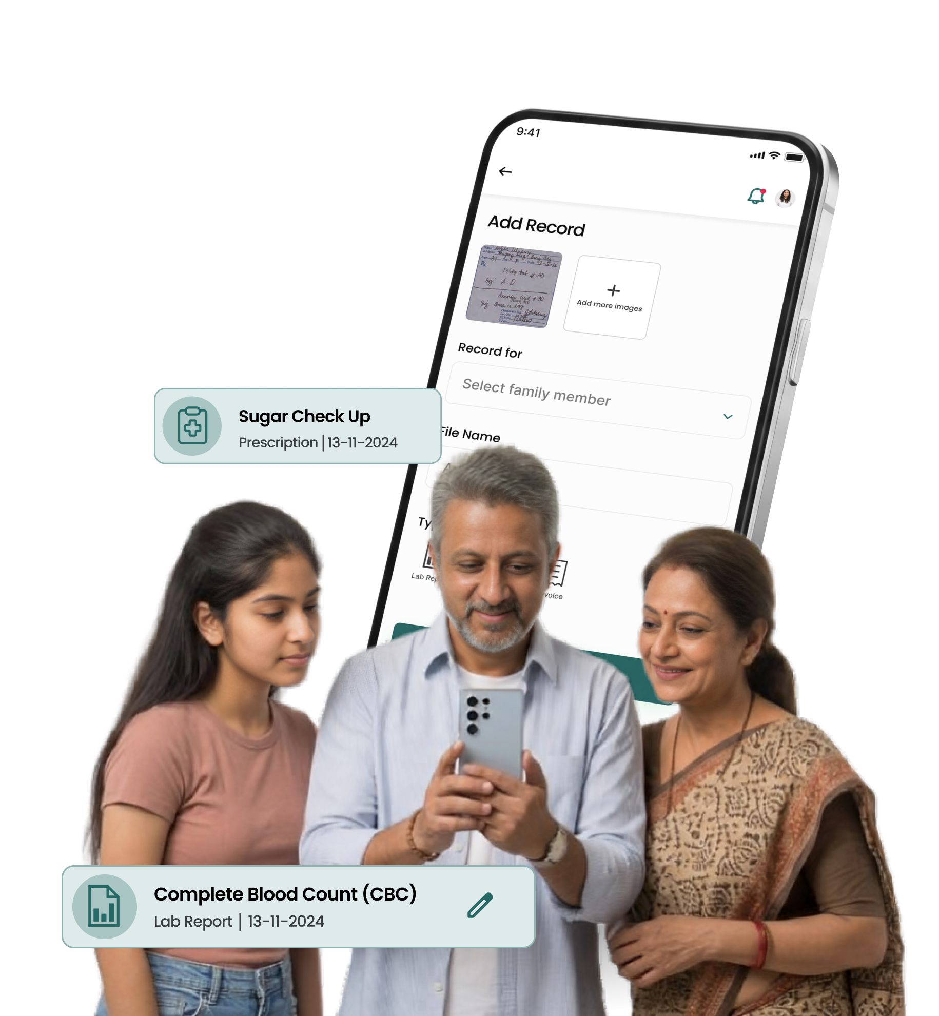 A family reviewing health records together on the HealthSaarthi Add Record screen, with prescription and lab-report cards