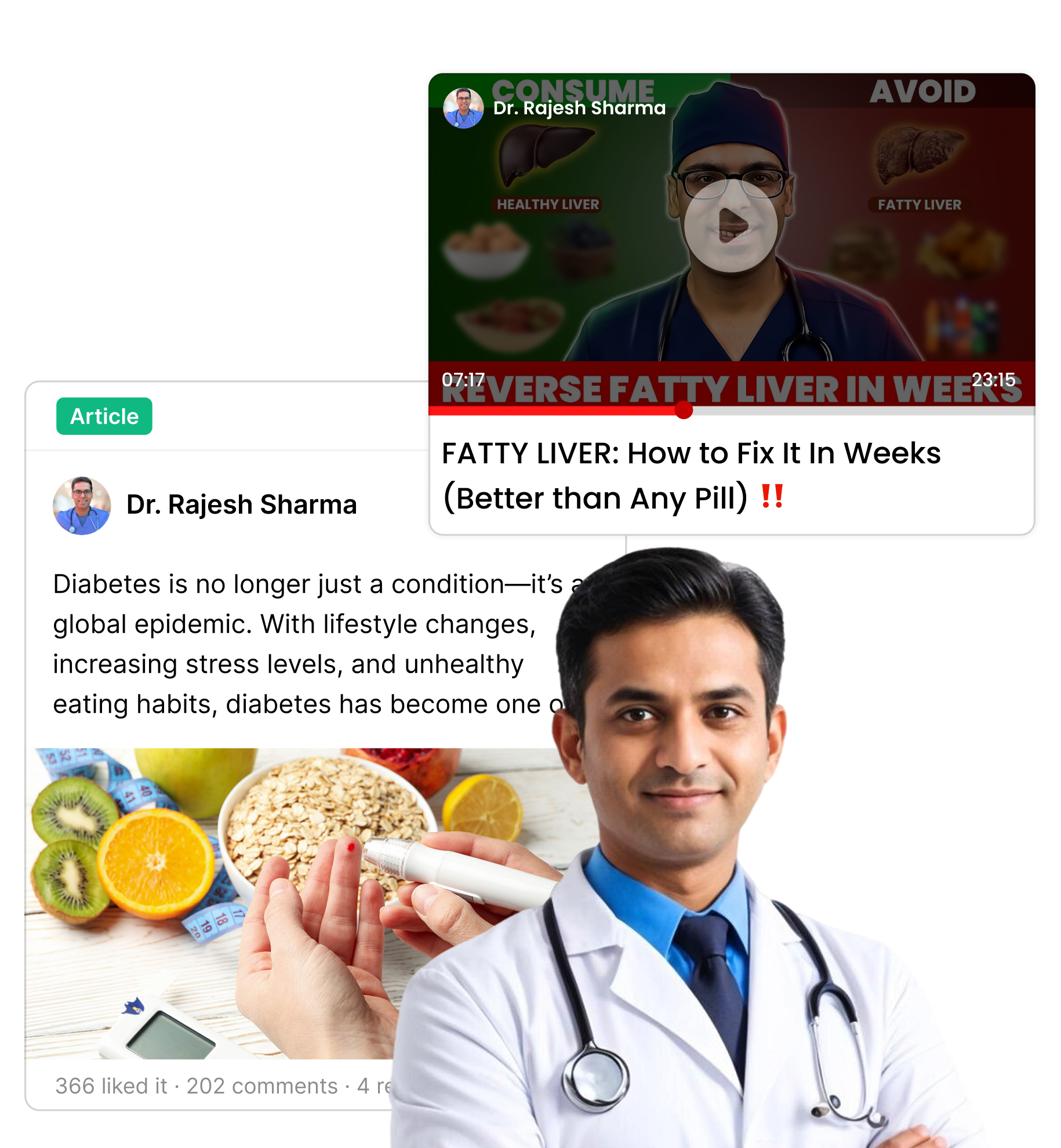 Dr. Rajesh Sharma with a shared health video on reversing fatty liver and a diabetes article in the HealthSaarthi feed
