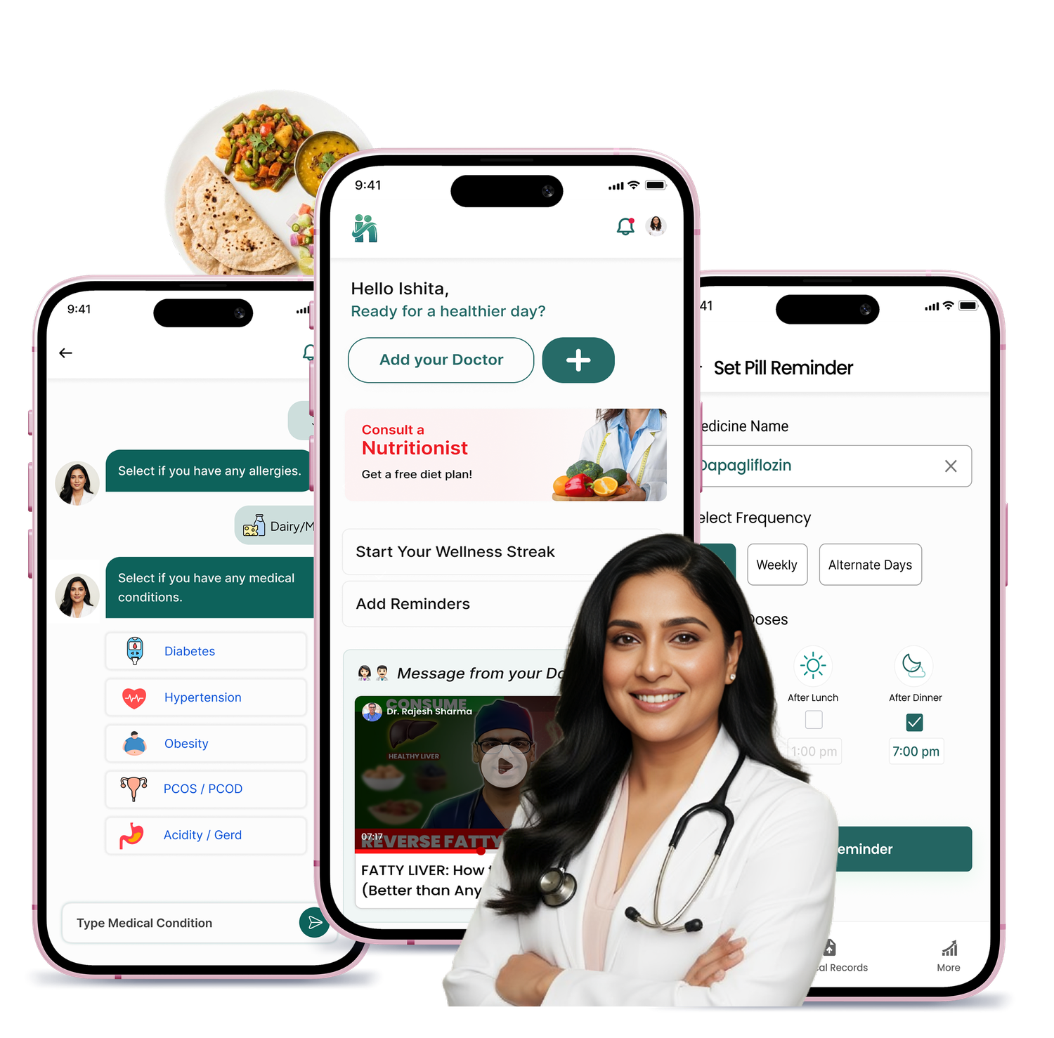 HealthSaarthi patient app screens — home, medical-history chat, and pill reminder — with a doctor