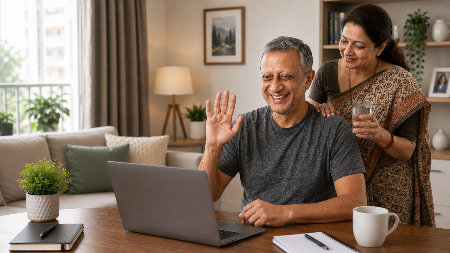 An older couple at home smiling during a video consultation with their doctor